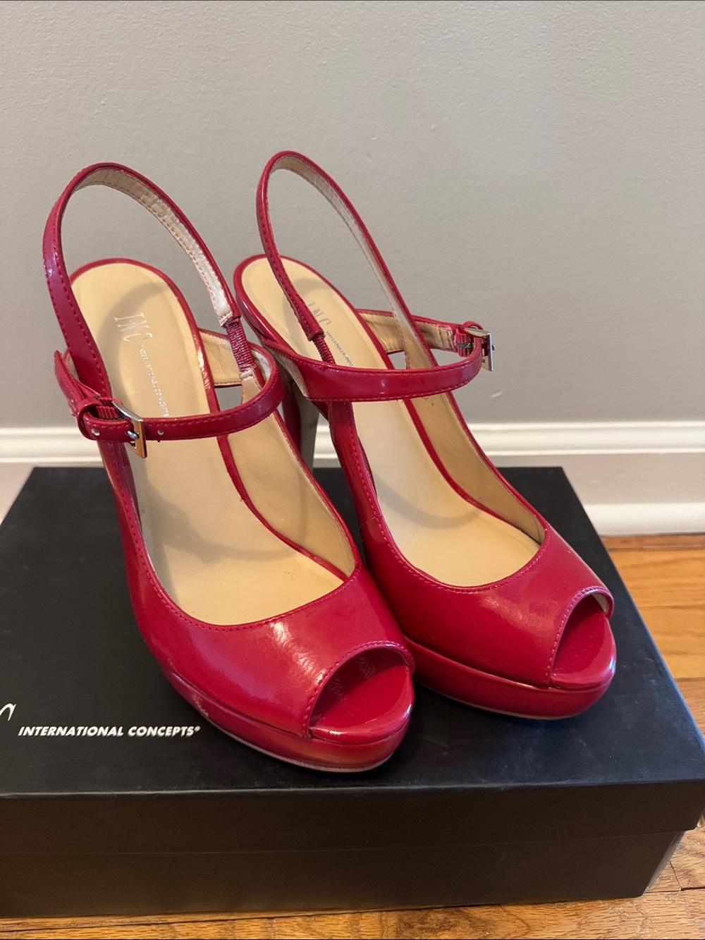 INC International Concepts Mariela Red Peep-Toe Slingback Platform Heels